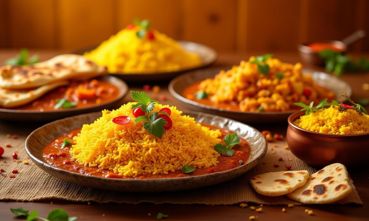 Grand visuel de plats indiens colorés avec sauce, épices, riz et naan