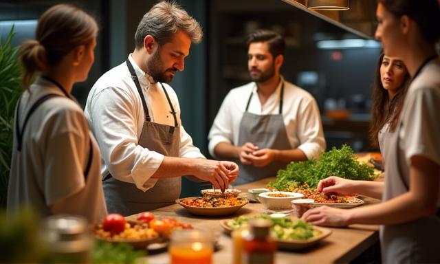 Chef donnant un cours de cuisine indienne avec ingrédients frais