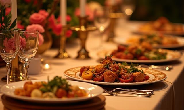 Table élégamment dressée avec mets indiens pour un évènement traiteur